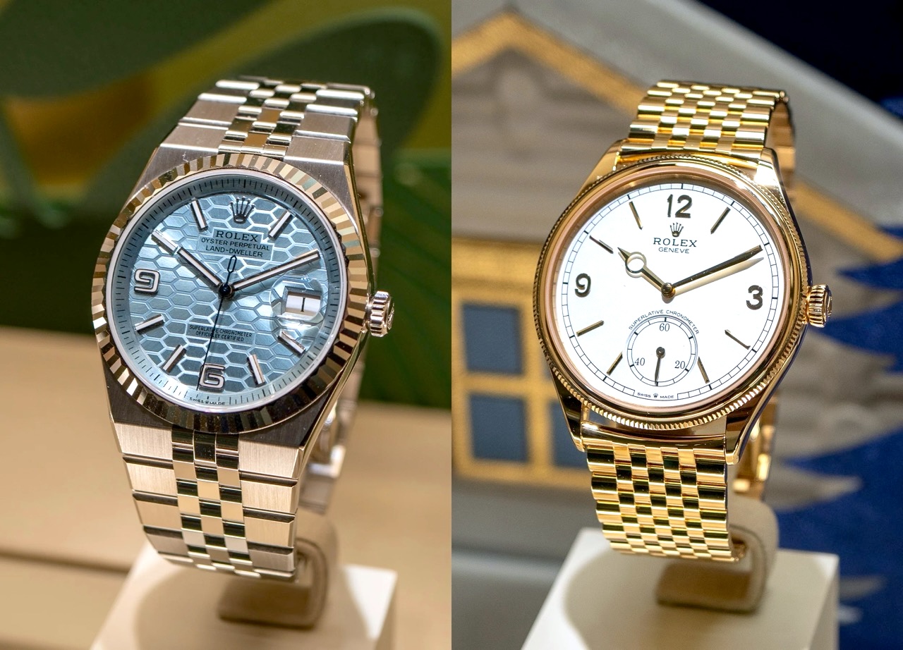 На зображенні представлені два рідкісні браслети Rolex — Flat Jubilee (зліва) та Settimo (справа).