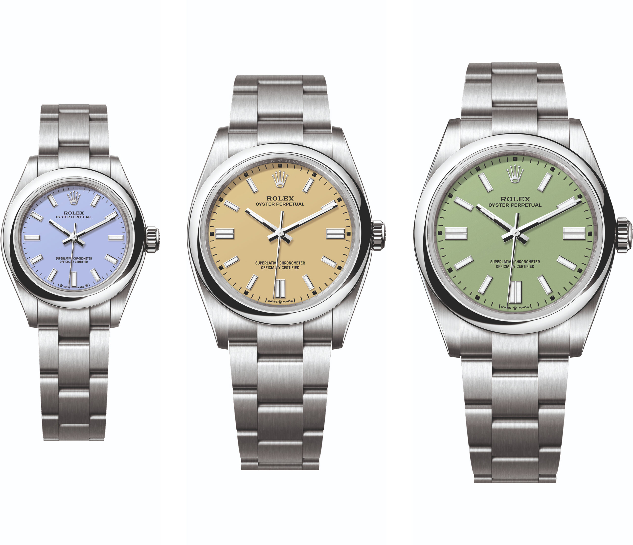 Три нові годинники Rolex Oyster Perpetual 2025 року: 28 мм з лавандовим циферблатом, 36 мм з бежевим і 41 мм з фісташковим циферблатом