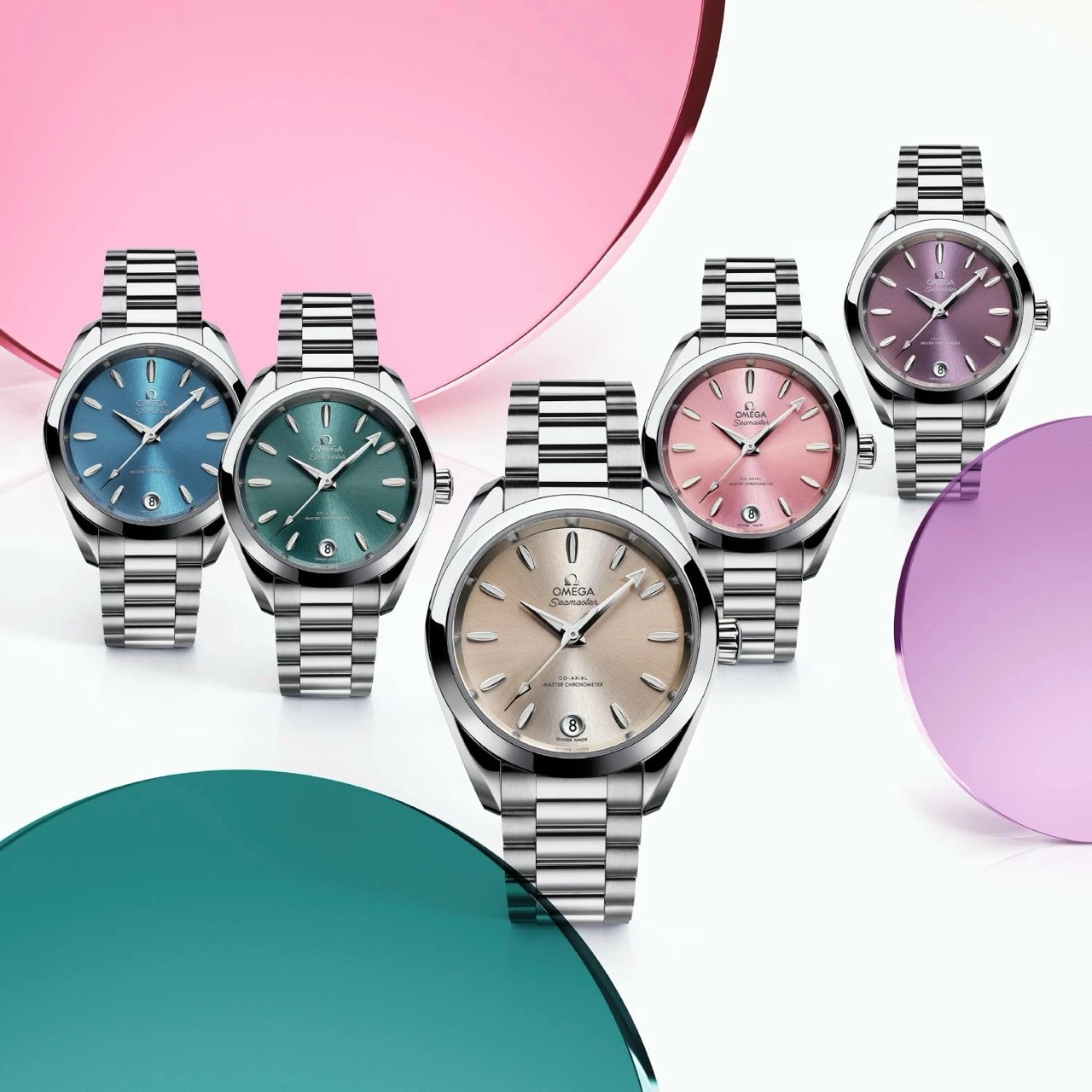 Кольорові варіанти циферблатів OMEGA Seamaster Aqua Terra Shades 34 мм: пастельна хвиля, зелено-бірюзовий, світло-коричневий, рожевий та лавандовий