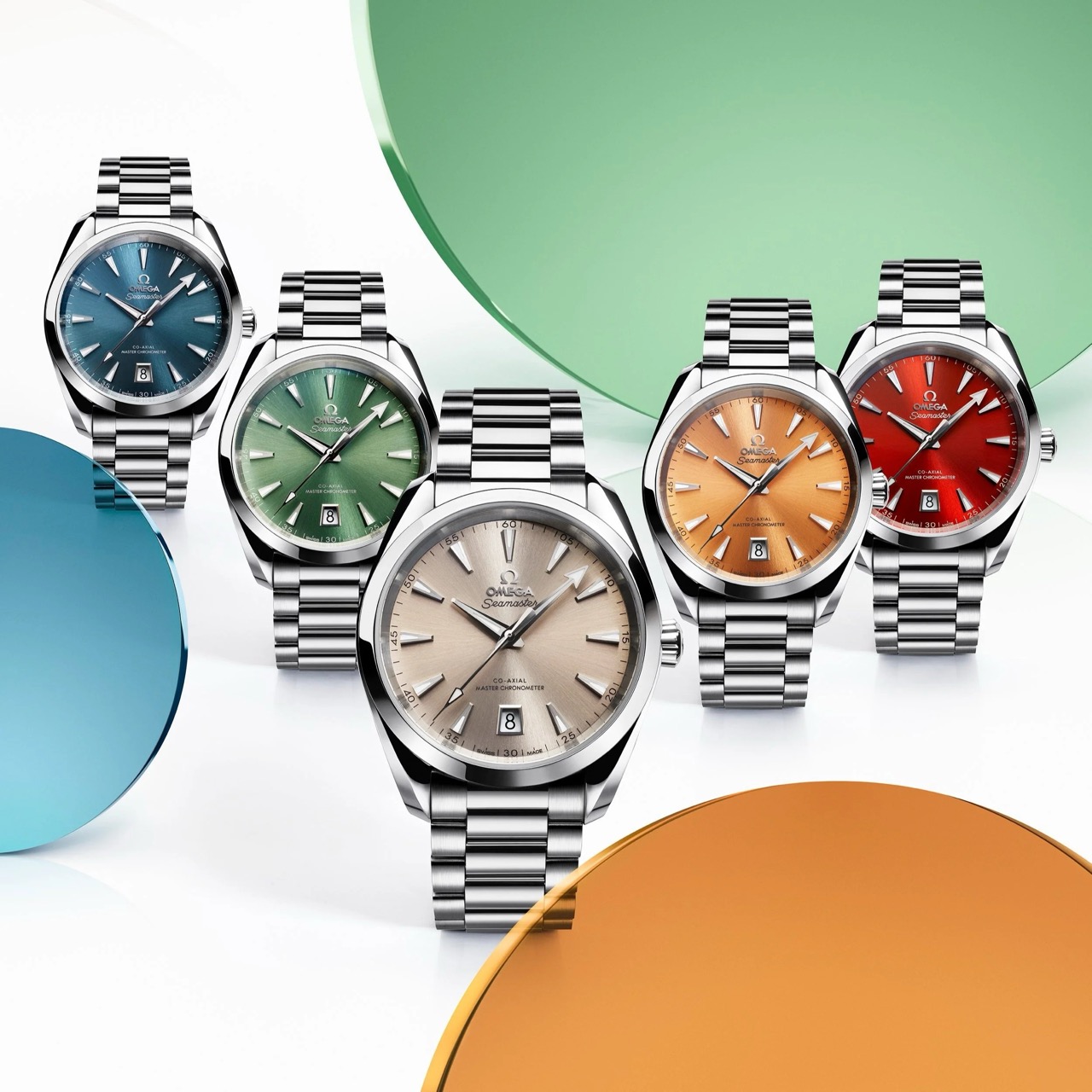 Кольорові варіанти циферблатів OMEGA Seamaster Aqua Terra Shades 38 мм: синій, зелений, коричневий, жовтогарячий та теракотовий