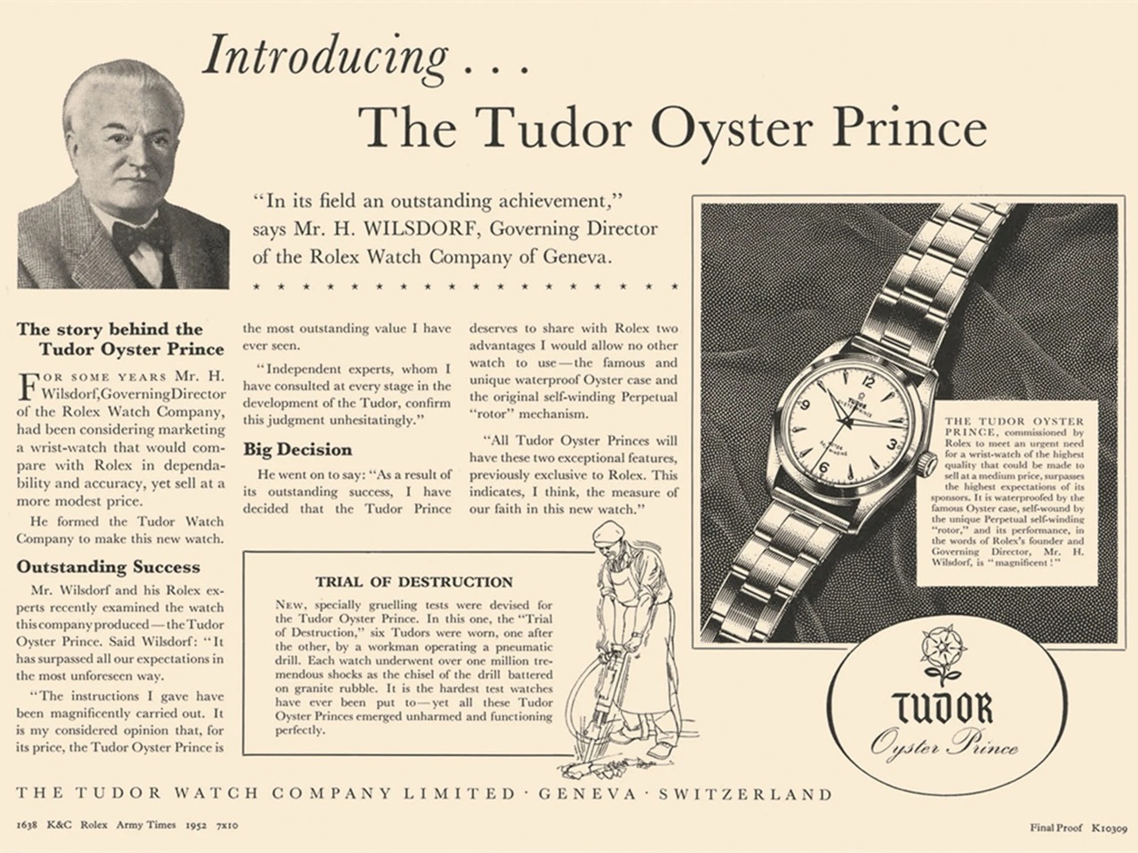 Історична реклама TUDOR Oyster Prince 1952 року — водозахищений годинник у корпусі Oyster, спадщина TUDOR до епохи дайверських моделей