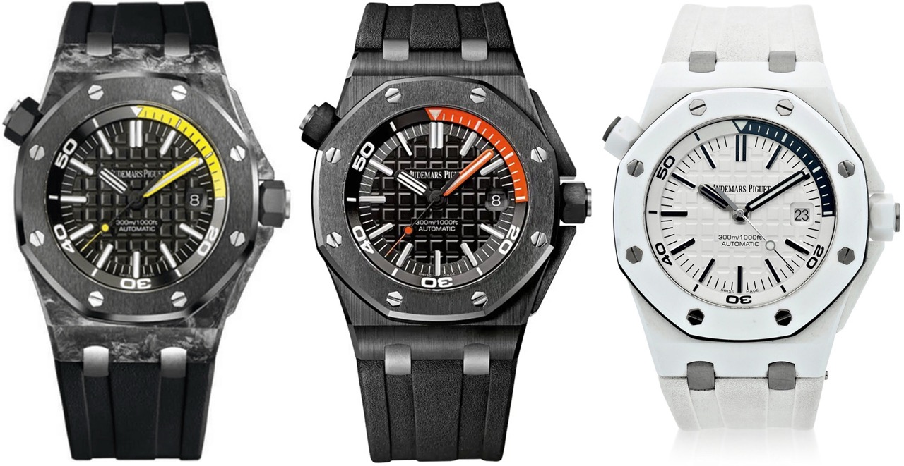 Часы Audemars Piguet Royal Oak Offshore Diver: ref. 15706AU (кованный карбон), 15707CE (чёрная керамика) и 15707CB (белая керамика), корпус 42 мм