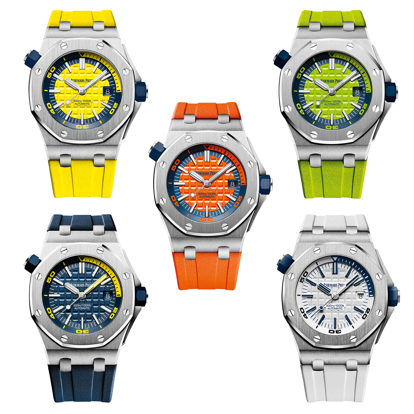 Часы Audemars Piguet Royal Oak Offshore Diver ref. 15710ST в различных цветах Funky Colors — синий, зелёный, жёлтый, оранжевый, бирюзовый, корпус 42 мм