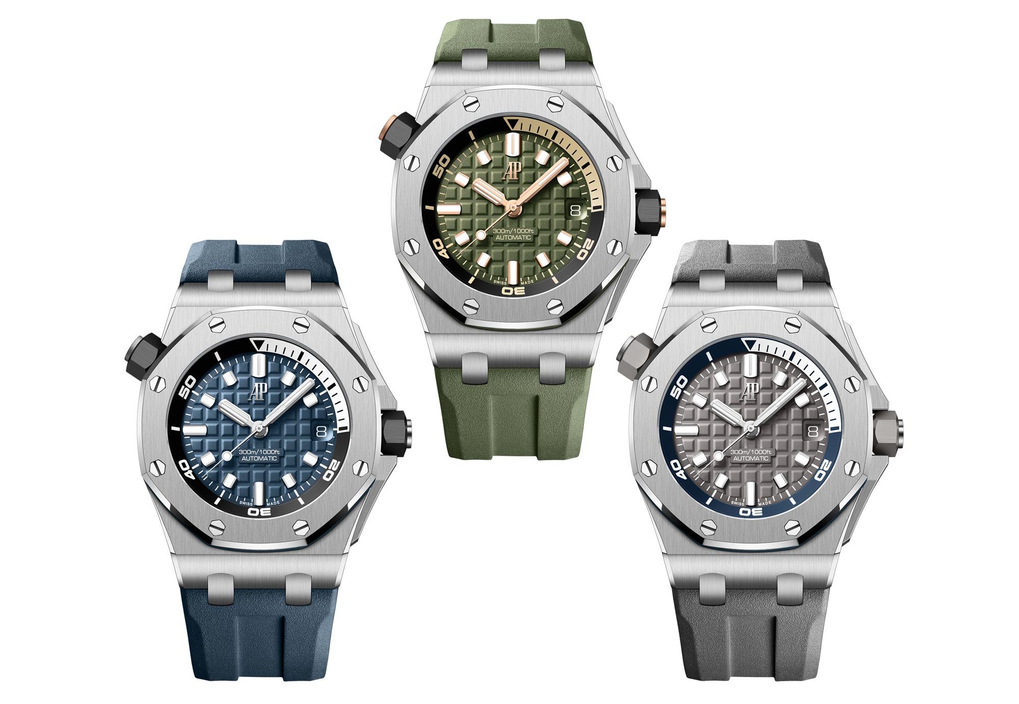 Часы Audemars Piguet Royal Oak Offshore Diver ref. 15720ST — стальной корпус 42 мм, циферблат Méga Tapisserie, внутренний вращающийся безель, калибр 4308