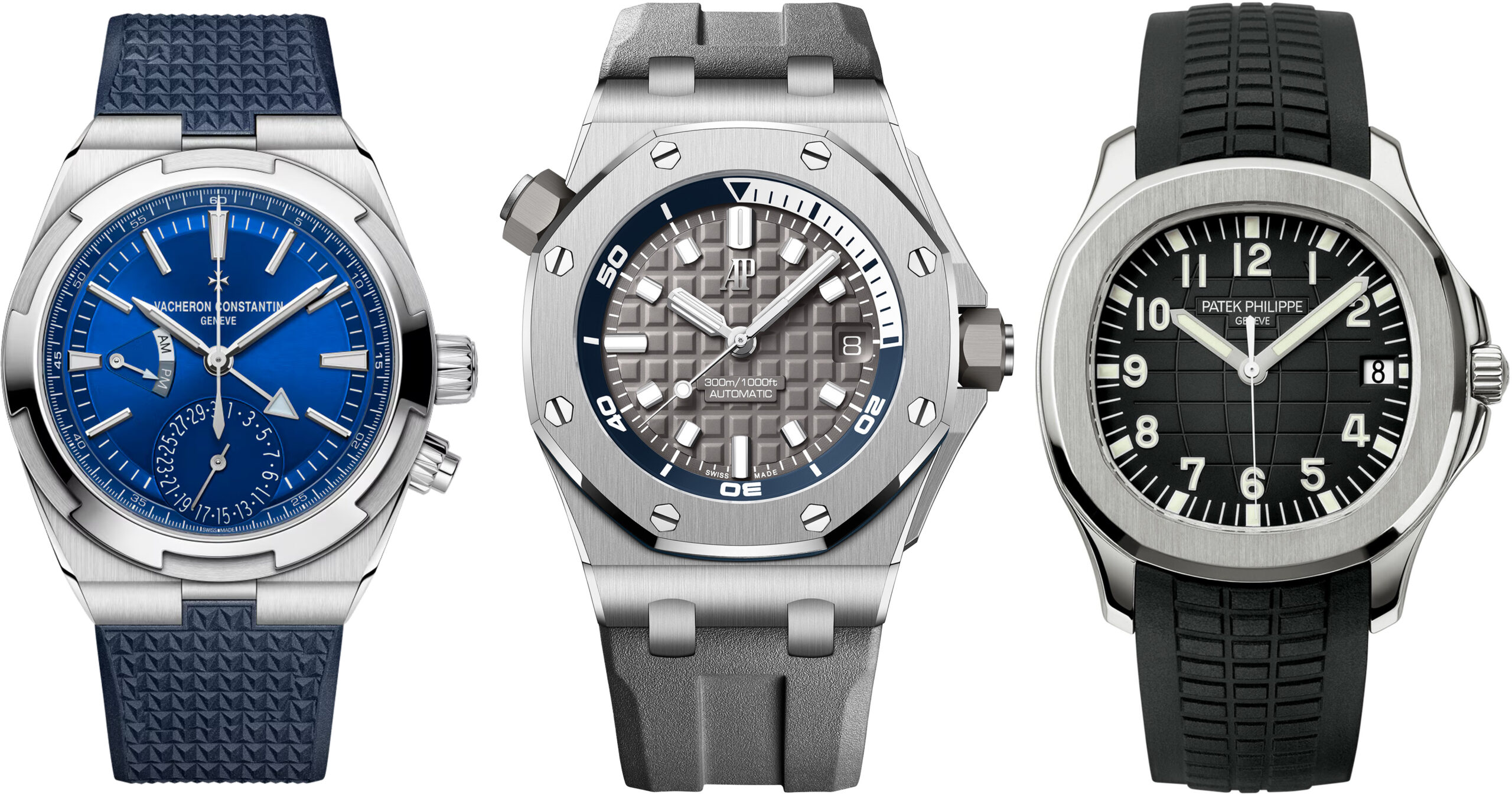 Сравнение люксовых спортивных часов Patek Philippe Aquanaut, Vacheron Constantin Overseas Dual Time и Audemars Piguet Royal Oak Offshore Diver на каучуковых ремешках