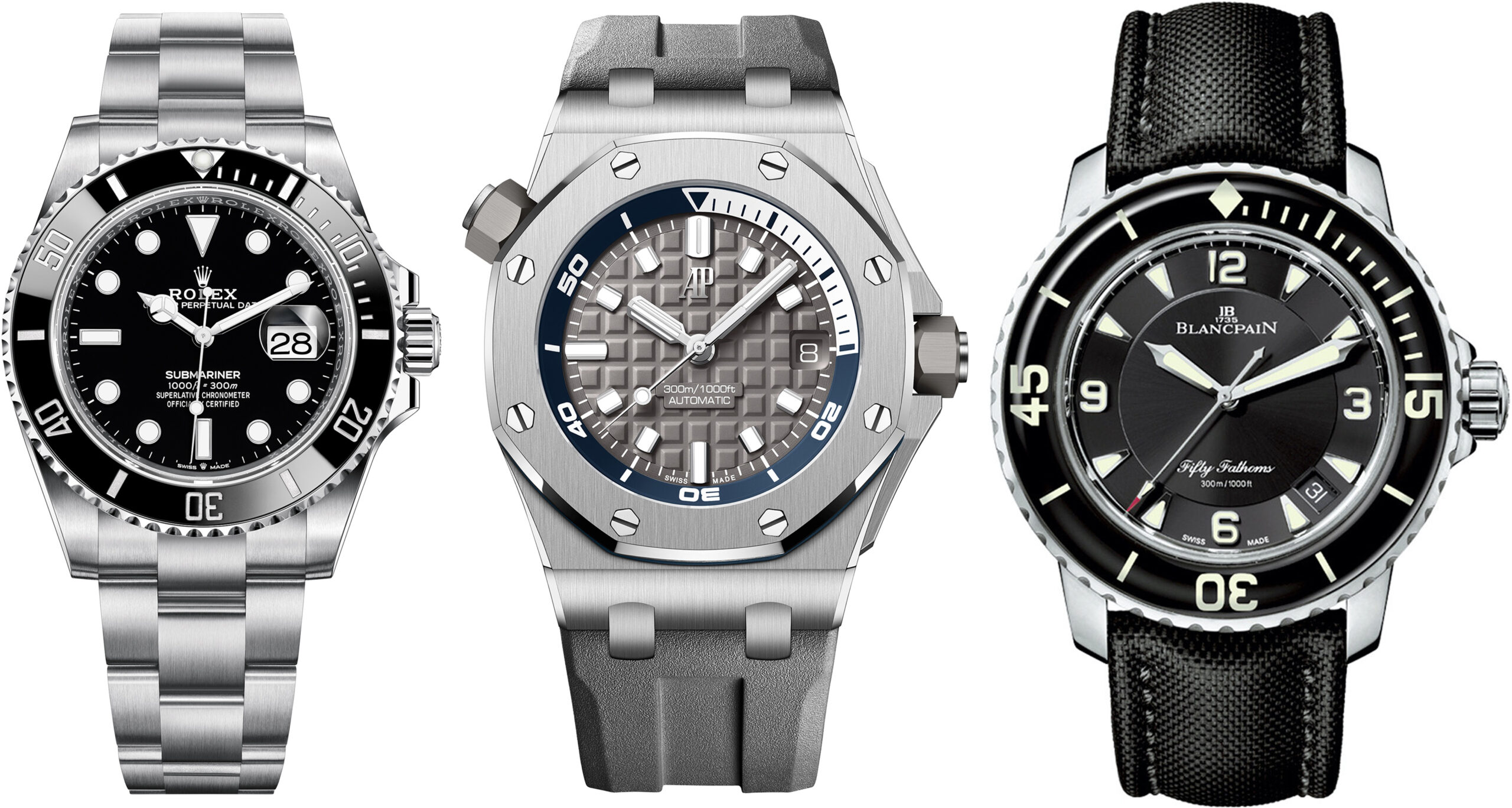Сравнение дайверских часов Rolex Submariner, Blancpain Fifty Fathoms и Audemars Piguet Royal Oak Offshore Diver — разные подходы к люксовым дайверам