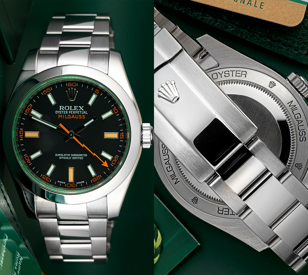 Часы Rolex Milgauss ref. 116400GV с зелёным сапфировым стеклом и секундной стрелкой в форме молнии